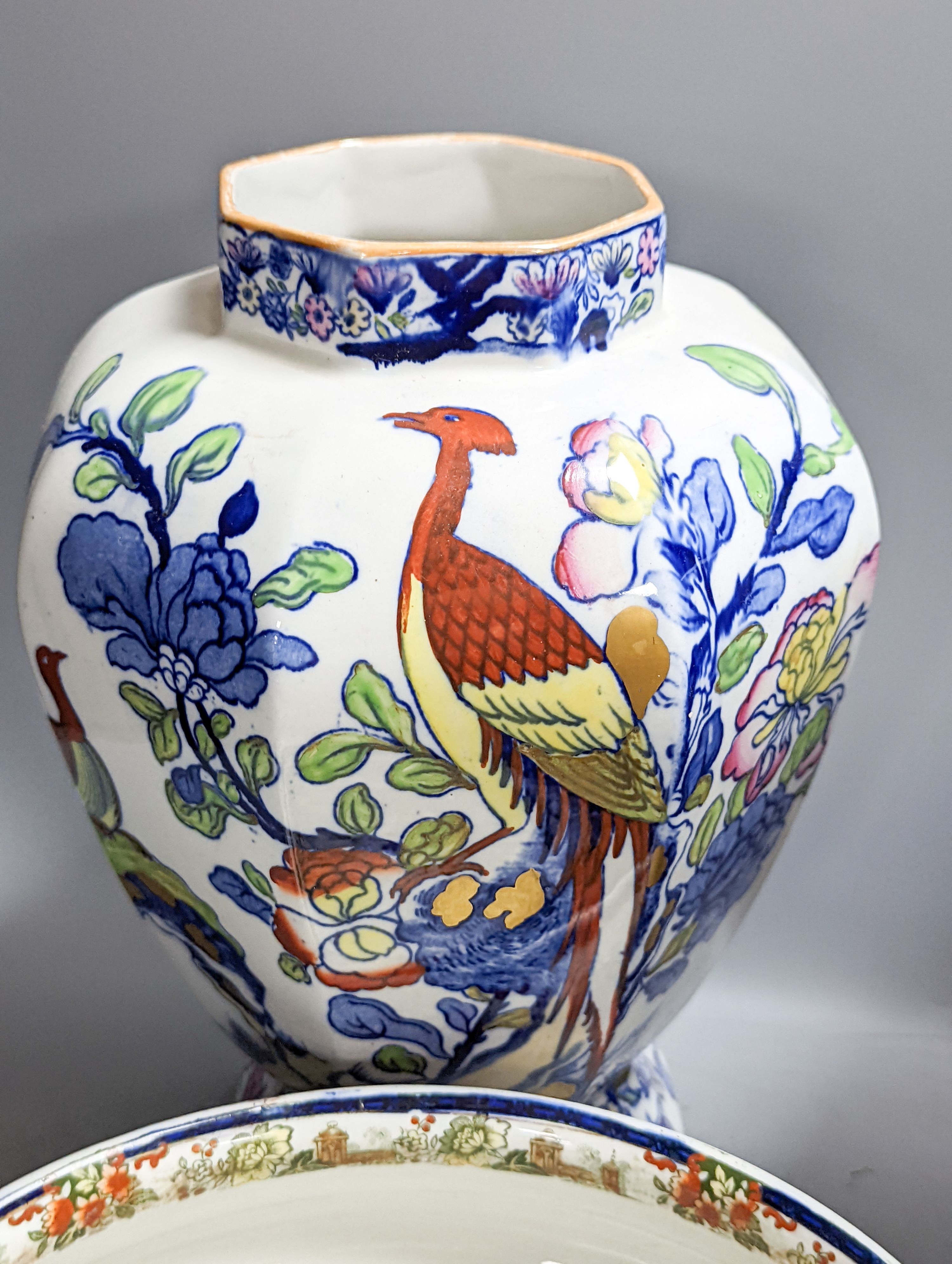 A pair of Masons vase, a Doulton Madras pattern bowl, bisque figure and moulded glass Madonna and Child 40cm